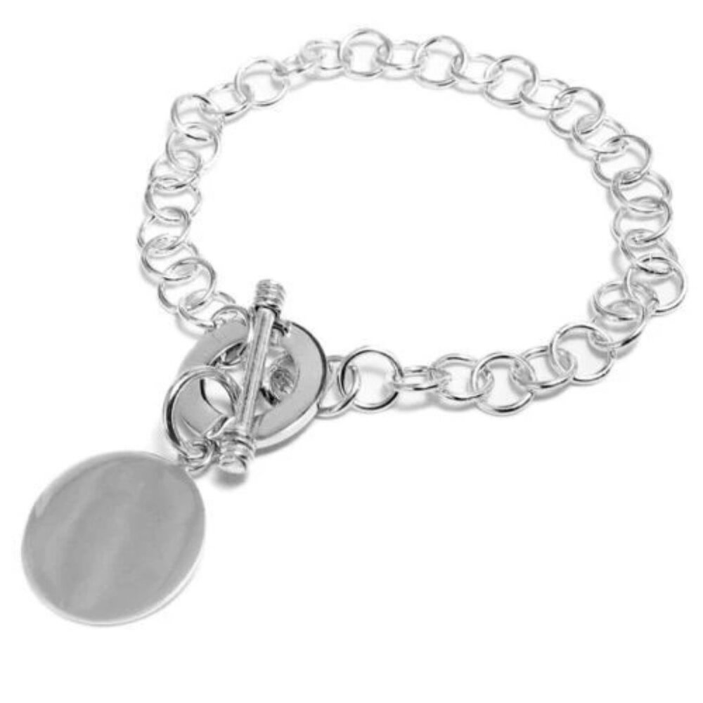 BEAUTIFUL STERLING SILVER PERSONALIZED ROUND TAG PENDANT BRACELET - 8 INCH